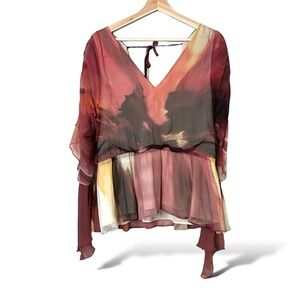 ALICE + OLIVIA 100% Silk Lined Watercolour Peplum Blouse Romantic Sleeves Sz M